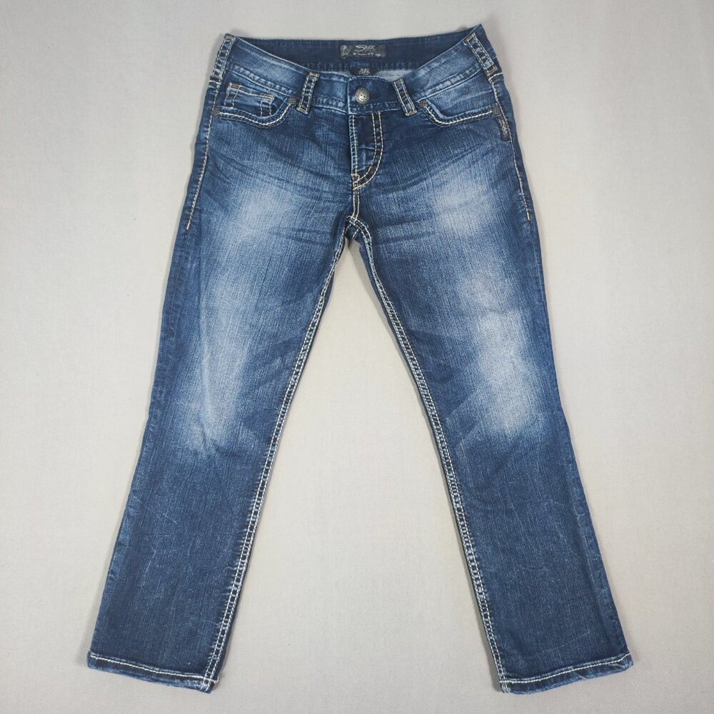 Silver Jeans Suki Capri women's size W30 ink blue factory distressed embroidered